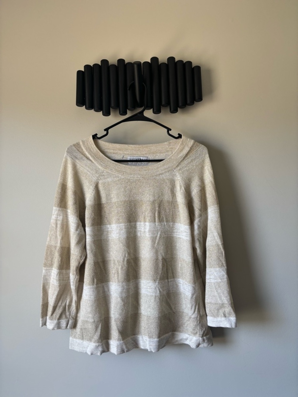 Sag Harbor Neutral Striped Crewneck Sweater - Beige & White